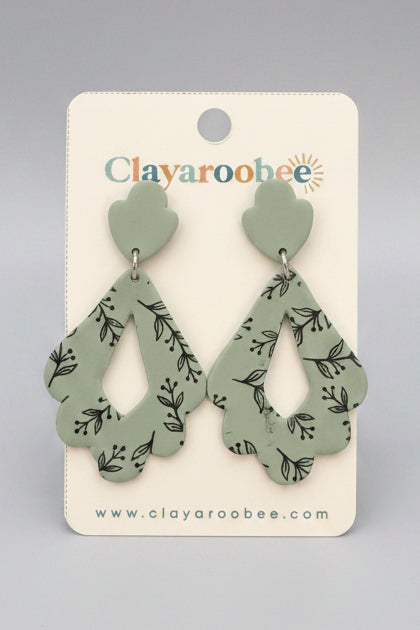 Scallop Teardrop Cutout Dangle, Sage Green w/ Flowers