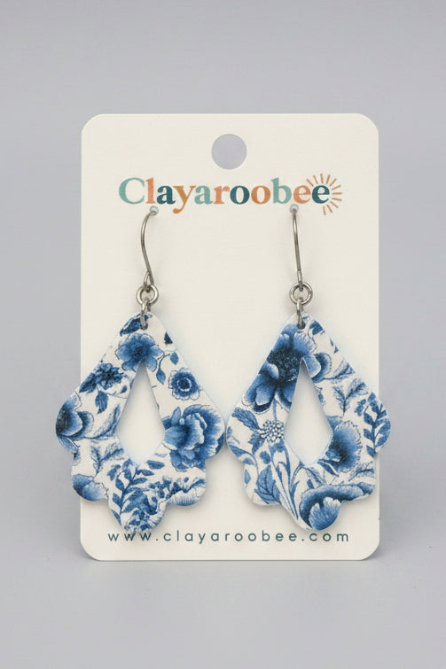 Scalloped Teardrop Dangle, Blue & White Floral Design