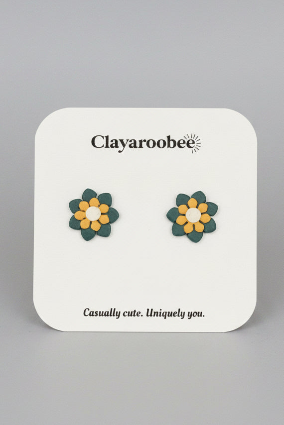 Triple Layered Flower Stud, Blue, Yellow, White