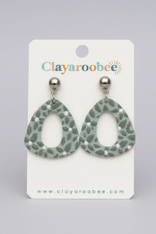 Wide Teardrop Cutout Dangle, Floral Textured, Sage