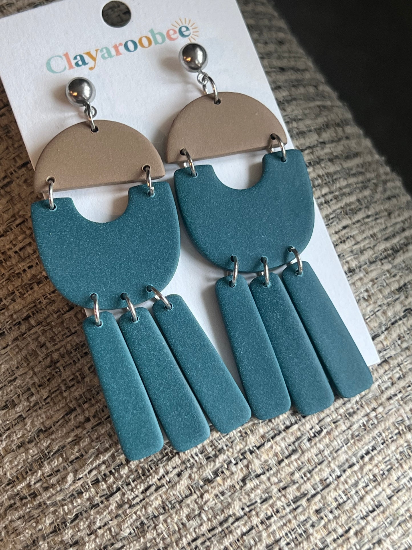 Tan & Peacock Arched Statement Dangle w/ Fringe