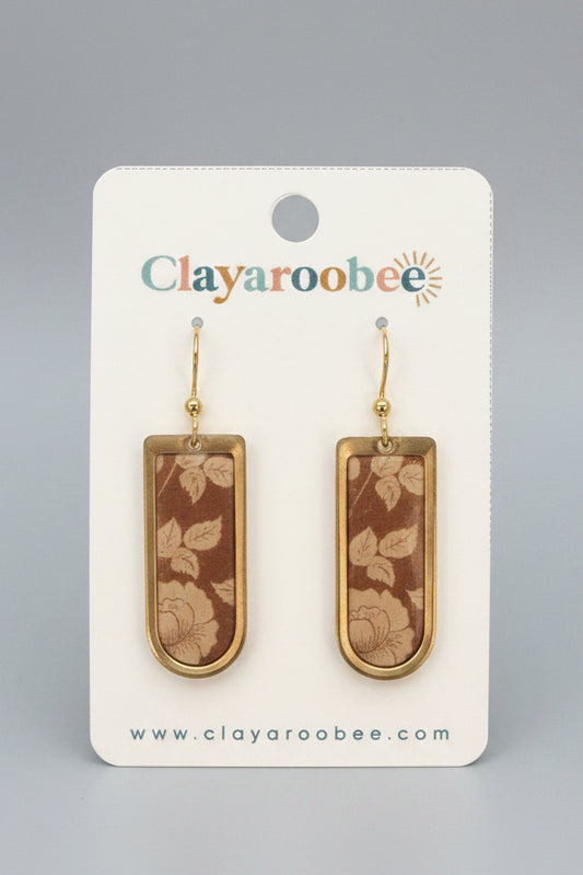 Gold Trimmed Inverted Arch Dangle, Brown Floral