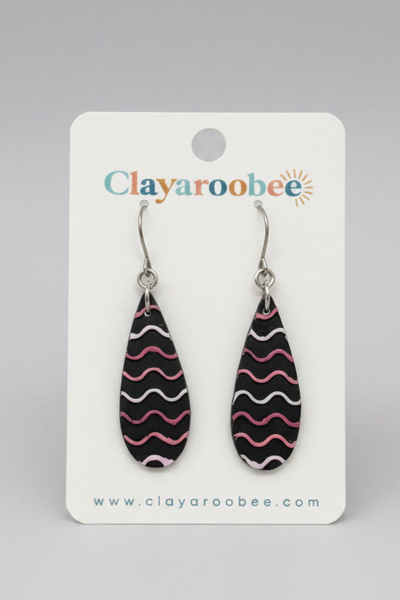 Teardrop Dangle, Small, Squiggle Texture, Black w/ PInk
