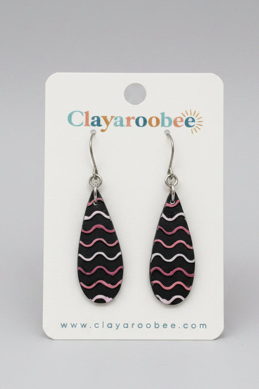 Teardrop Dangle, Small, Squiggle Texture, Black w/ PInk