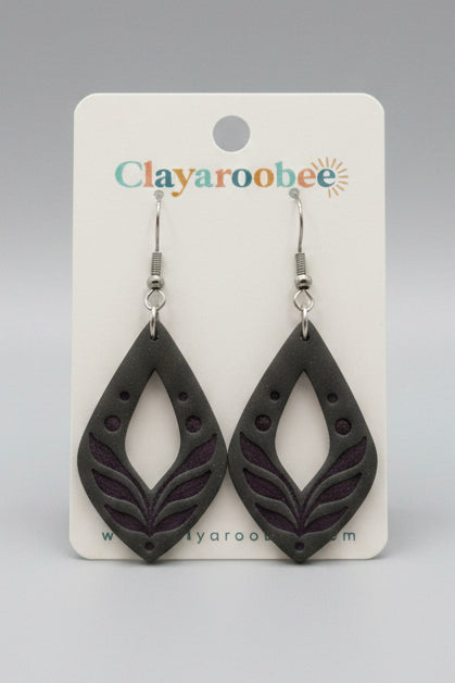 Pointed Cutout Teardrop Dangle, Debossed Leaf Design, Dark Gray