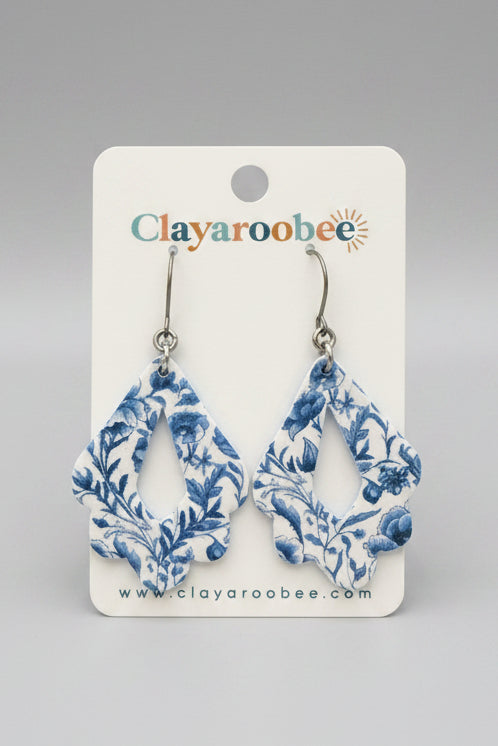 Scalloped Teardrop Dangle, Blue & White Floral Design