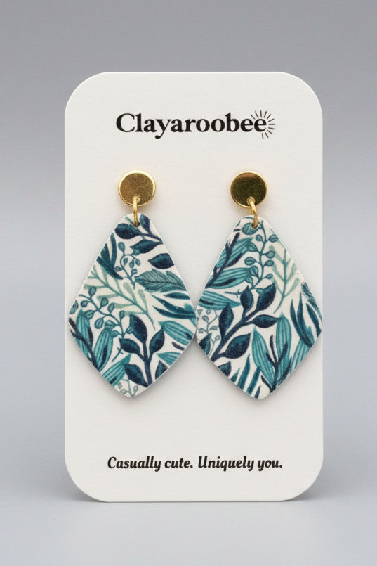 Wide Pointed Fan Dangle, Blue/Green Floral Design