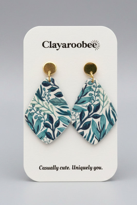 Wide Pointed Fan Dangle, Blue/Green Floral Design