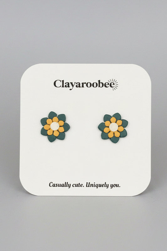 Triple Layered Flower Stud, Blue, Yellow, White