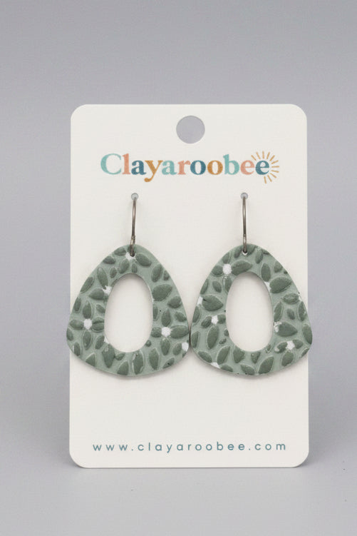 Wide Teardrop Cutout Dangle, Floral Textured, Sage