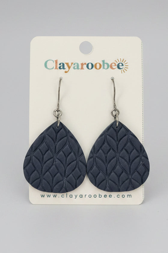 Wide Teardrop Dangle, Navy Blue, Textured Pattern