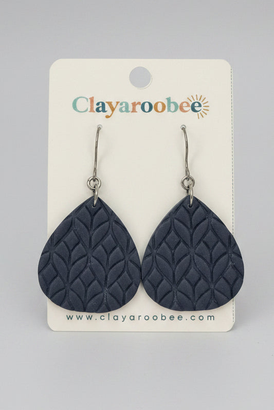 Wide Teardrop Dangle, Navy Blue, Textured Pattern