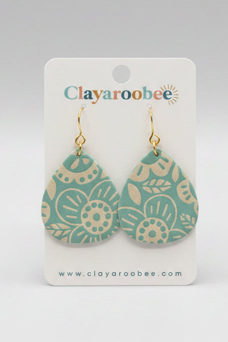 Wide Teardrop Dangle, Sage Green w/ Floral Pattern